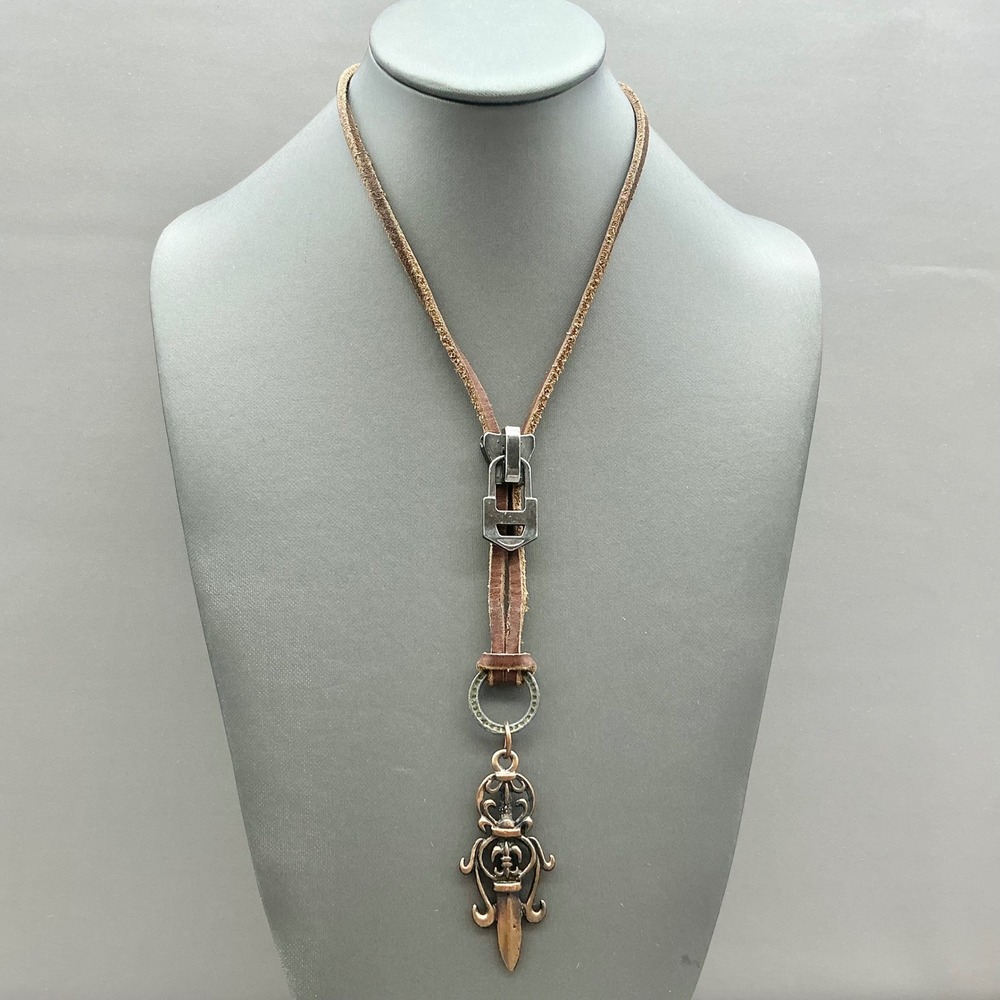 Leather Cord Zipper Slider Dagger Pendant Necklace Women Brown Copper Tone Boho